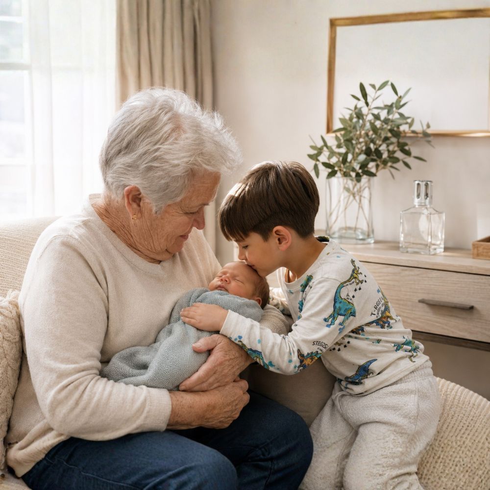 Abuela, hermano y bebé disfrutando de una casa con lámpara catalítica Maison Berger al fondo — Guía D'Arome sobre aromas y bebés