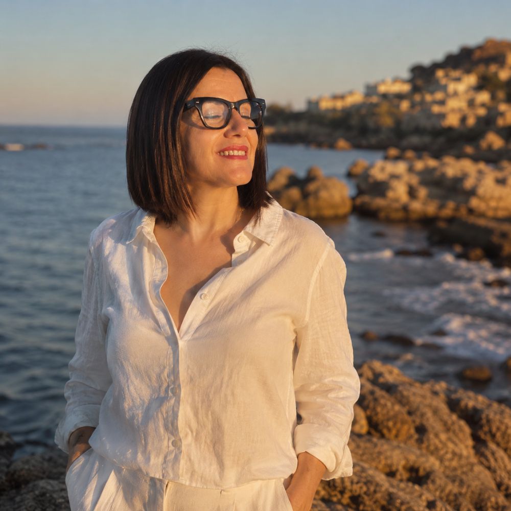 Mari Carmen, CEO y experta en aromas de D'Arome, mirando al mar y disfrutando del efecto Blue Mind, base científica del aroma marino Alma Salada – D'Arome