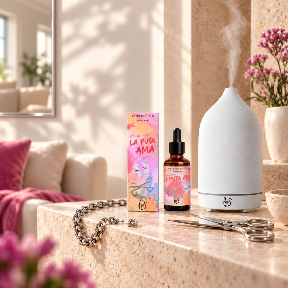 Esencia hidrosoluble La Puta Ama de LoeS para difusor ultrasónico en una repisa con flores fucsia, ambiente floral y atalcado en el salón – D’Arome