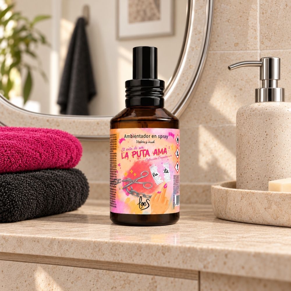 Ambientador para el baño La Puta Ama de LoeS en la encimera junto a toallas fucsia y negra y un dosificador de jabón. Ideal para esos momentos puntuales – D’Arome