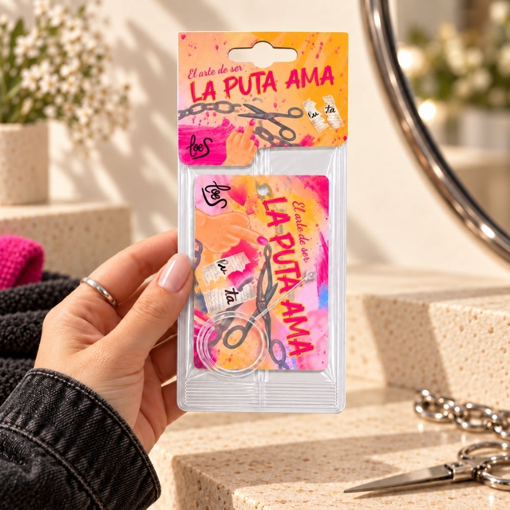 Mano sujetando el ambientador colgante para coche La Puta Ama de LoeS en su blíster, con su cordón transparente para colgar – D’Arome
