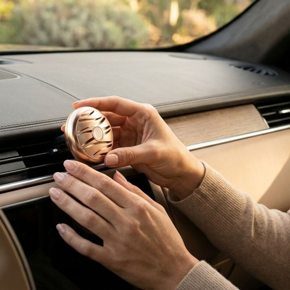 Manos de mujer enganchando el difusor de coche Soleil Fruité Maison Berger rosa cobrizo en la rejilla de ventilación del coche – D'Arome