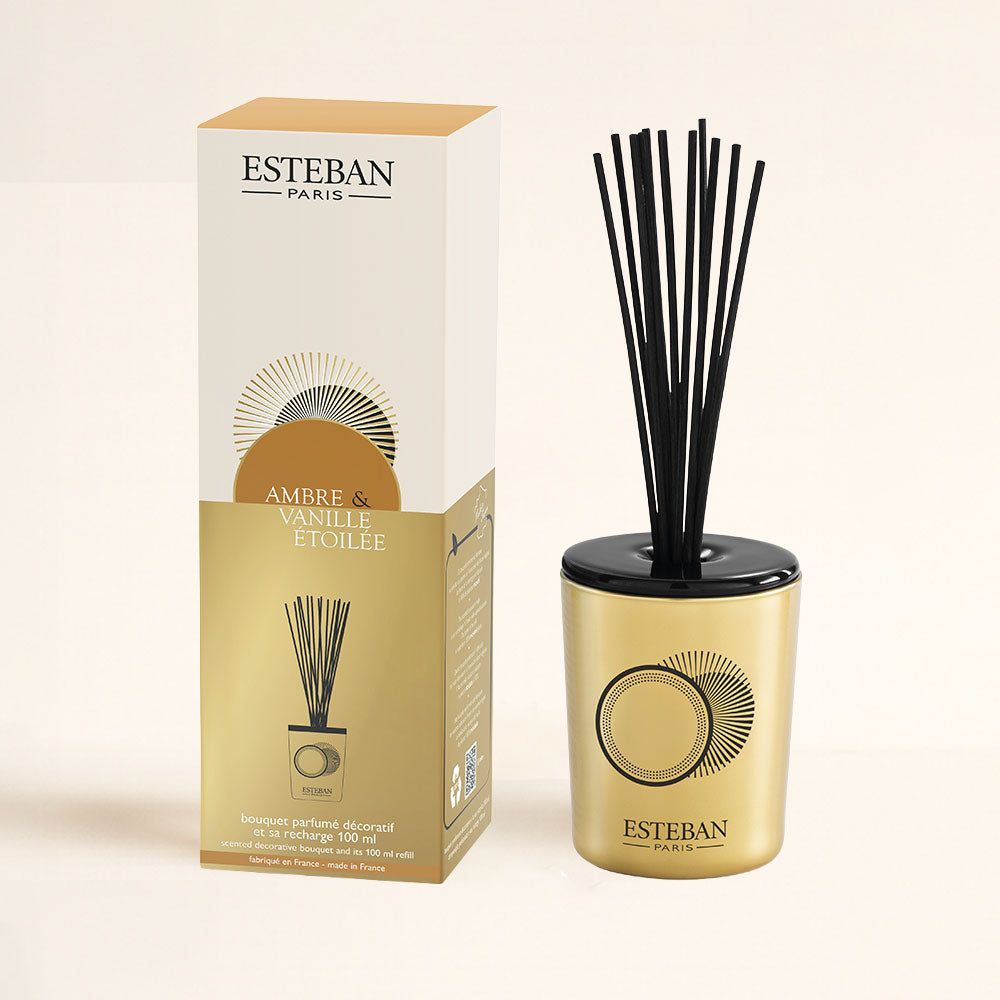 Ambientador mikado Ambre y Vanille Étoilée Esteban Paris 100ml, difusor dorado decorativo con varillas negras – D'Arome