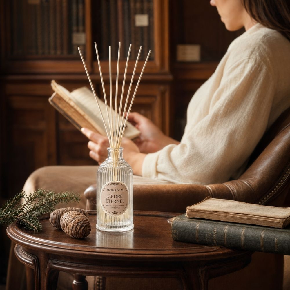 Ambientador mikado Cèdre Éternel de Mathilde M perfumando un rincón de lectura con sillón de cuero, una mujer de fondo lee un libro – D'Arome