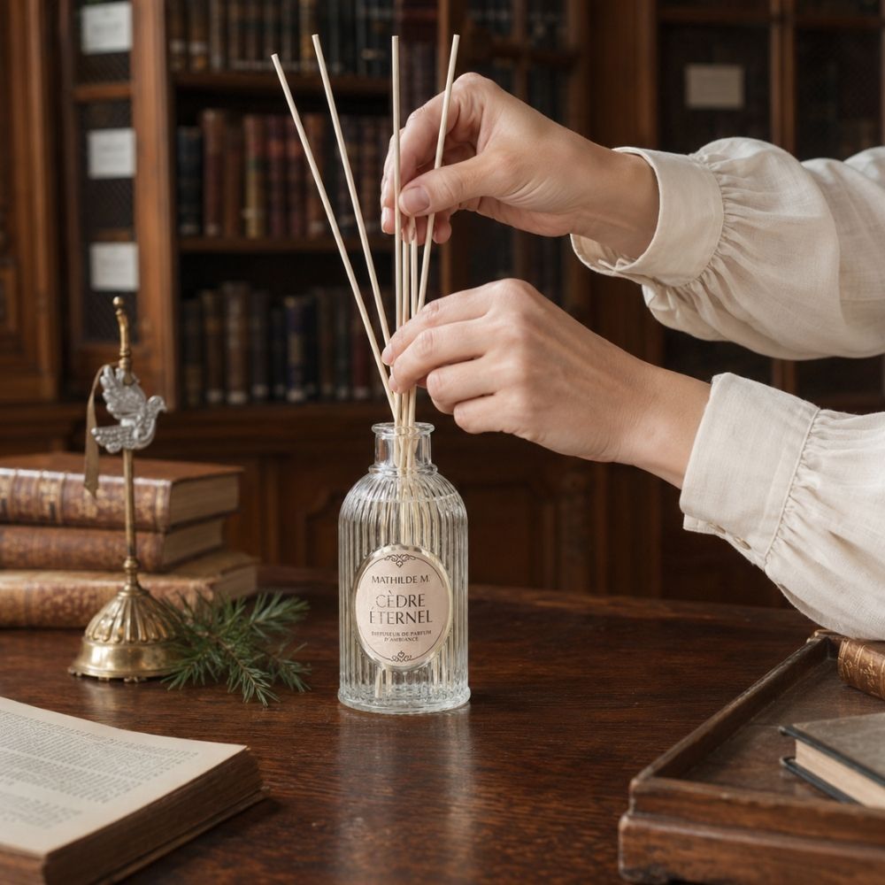 Persona colocando las varillas de rattan en el ambientador mikado Cèdre Éternel de Mathilde M en una biblioteca antigua – D'Arome