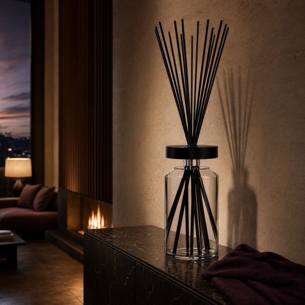 Difusor mikado Ellipse Figue Noire de Esteban Paris sobre mueble de mármol oscuro, con chimenea encendida de fondo al atardecer – D'Arome