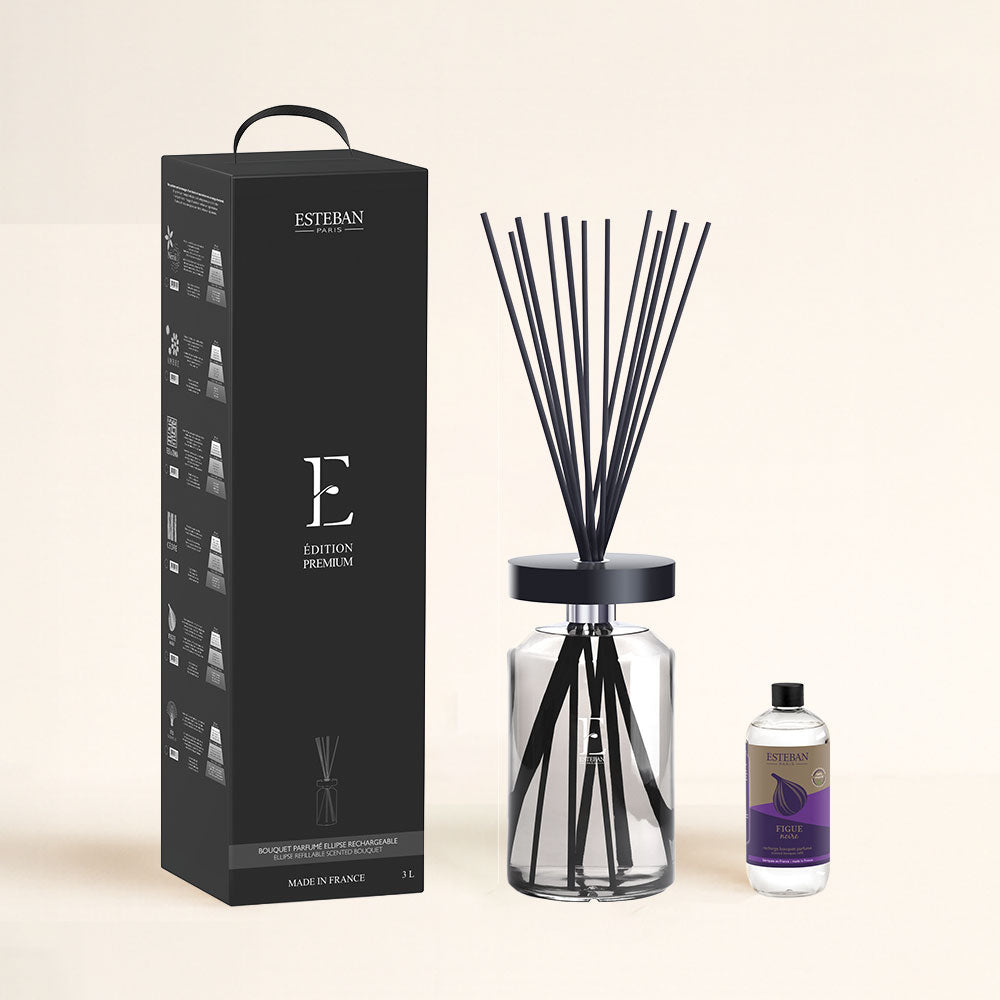 Ambientador mikado Figue Noire Esteban Paris edición premium 3L, difusor de cristal con varillas negras – D'Arome