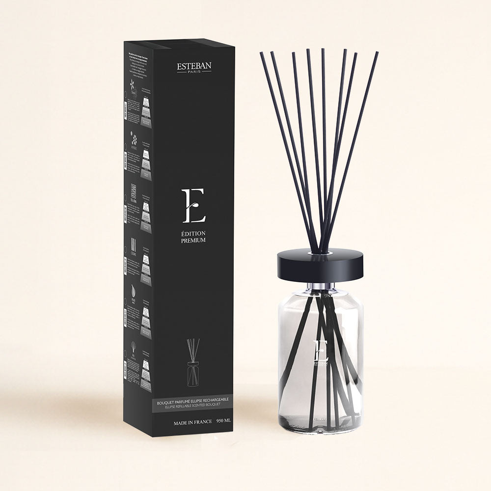 Ambientador mikado Figue Noire Esteban Paris edición premium 950ml, difusor cristal con tapa negra y varillas – D'Arome