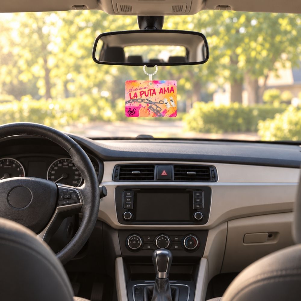 Ambientador de retrovisor La Puta Ama de LoeS colgado en el interior del coche, perfumando cada trayecto con violeta, rosa y almizcle – D’Arome