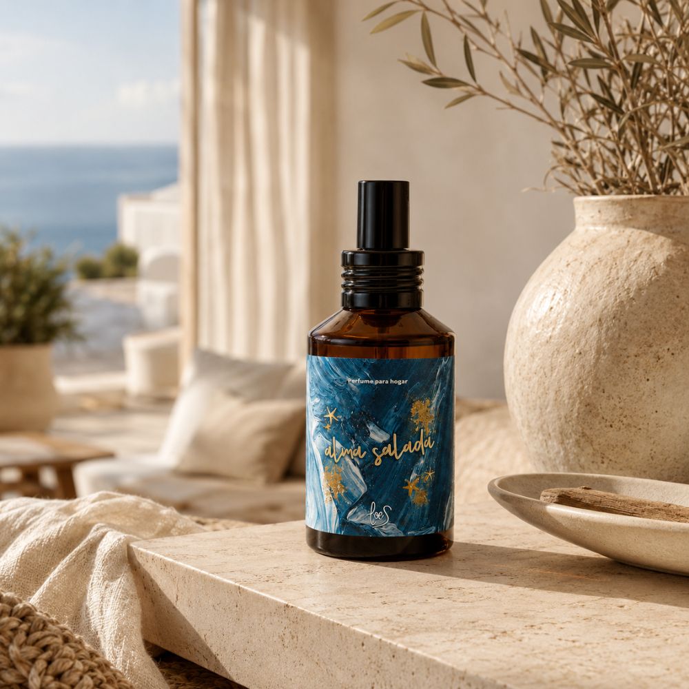 Ambientador en spray Alma Salada de LoeS en un porche de inspiración mediterránea con vistas al mar y plato de cerámica con palo santo – D'Arome