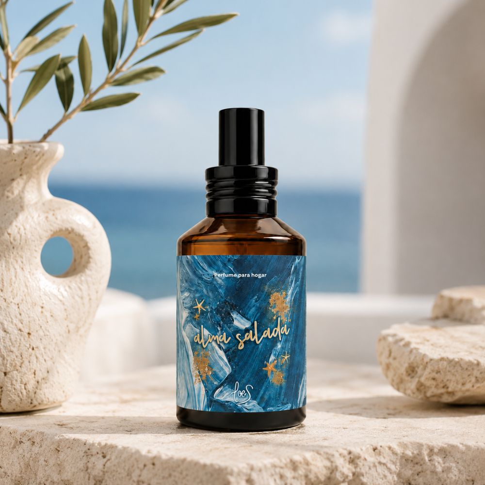 Perfume para hogar en spray Alma Salada de LoeS sobre piedra blanca con jarrón mediterráneo y vistas al mar – D'Arome