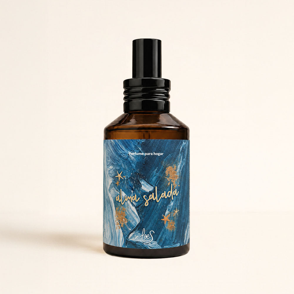 Perfume para hogar en spray Alma Salada de LoeS, ambientador de aroma marino en bote ámbar con pulverizador y etiqueta azul – D'Arome