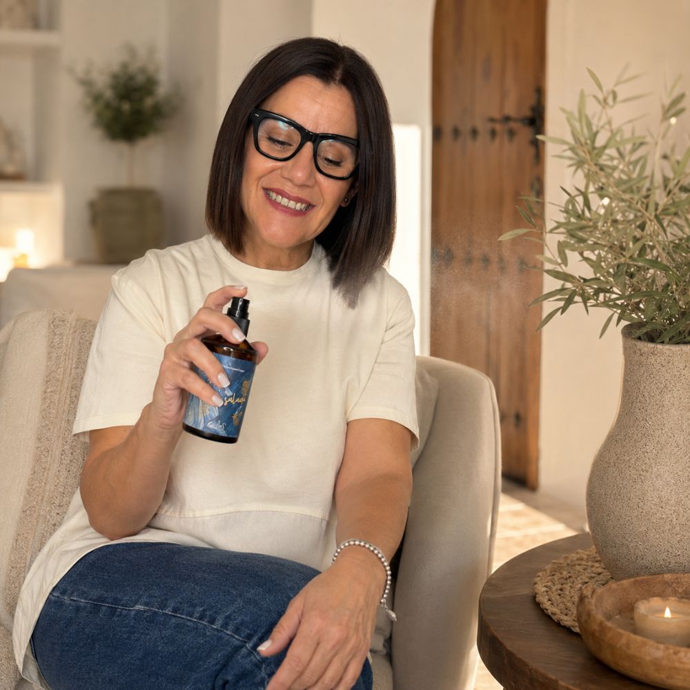 Mari Carmen, CEO y experta en aromas de D'Arome, pulveriza el perfume para hogar Alma Salada de LoeS en un salón con vela encendida – D'Arome