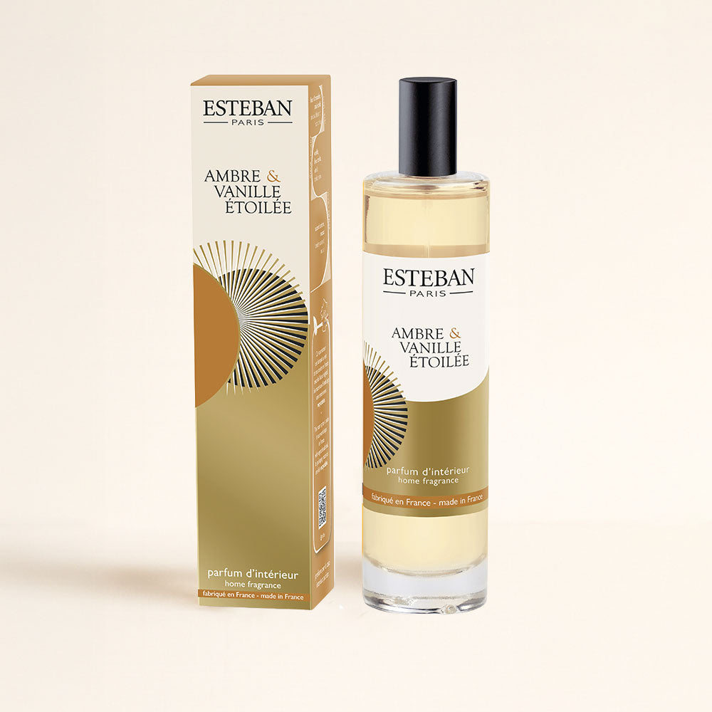 Ambientador spray Ambre y Vanille Étoilée Esteban Paris con su caja, parfum d'intérieur en formato bruma – D'Arome