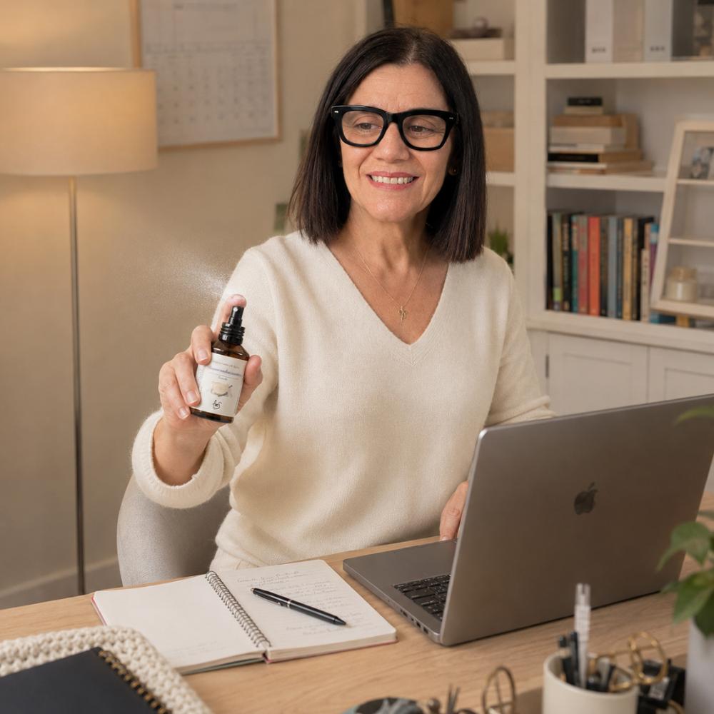 Mujer con gafas aplicando spray Buenas Noches Cariño LoeS lavanda en su escritorio con ordenador, ambientador relajante para el hogar y la oficina – D'Arome