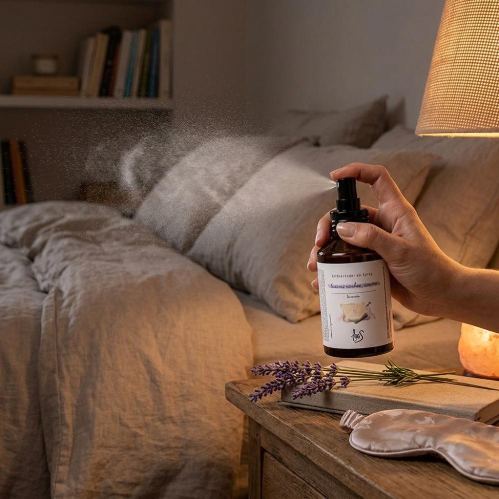 Mano aplicando spray Buenas Noches Cariño LoeS lavanda sobre almohada de noche, ambientador para dormir mejor y relajarse – D'Arome