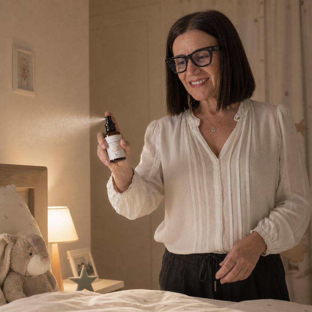 Mujer aplicando spray Buenas Noches Cariño LoeS lavanda en habitación infantil por la noche, ambientador para que los niños duerman mejor – D'Arome