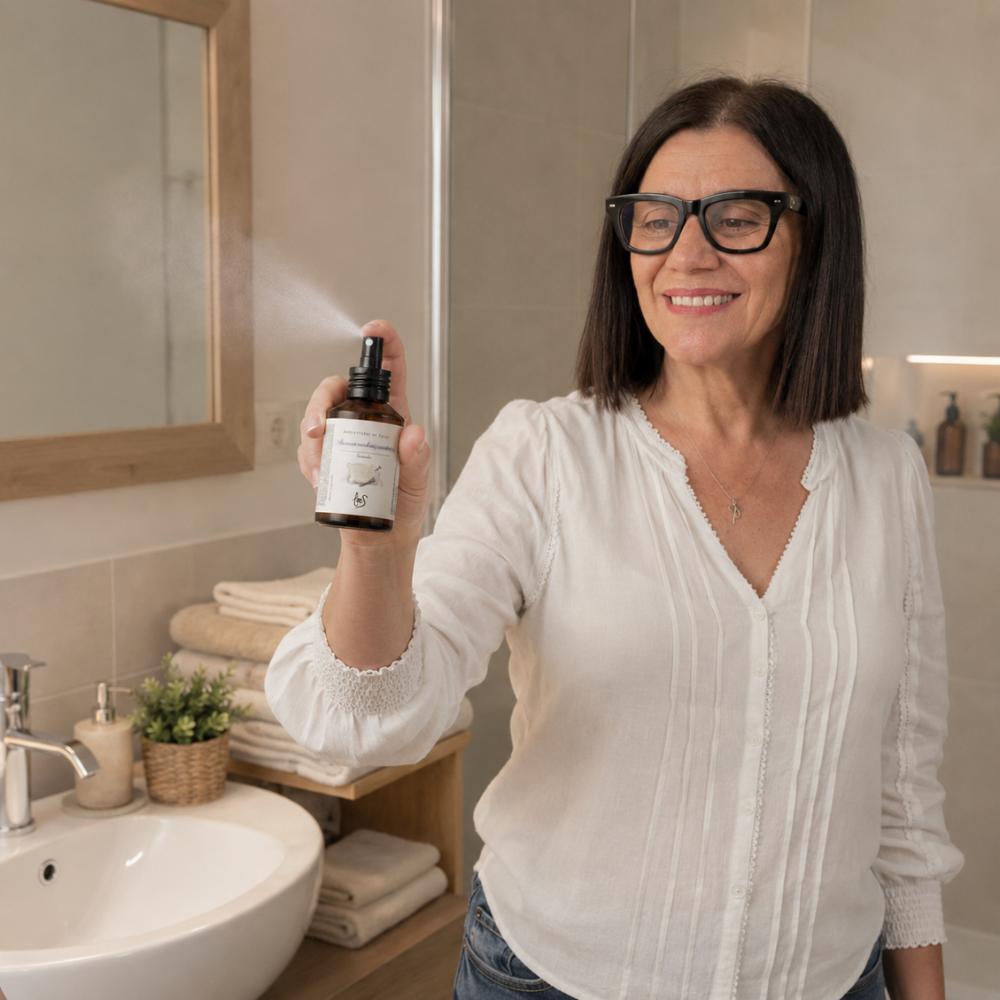 Mujer con gafas aplicando spray Buenas Noches Cariño LoeS lavanda en el baño, ambientador en spray para perfumar el hogar – D'Arome