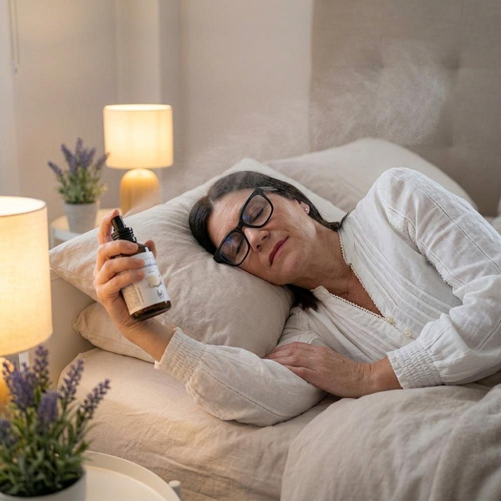 Mujer durmiendo en la cama con spray Buenas Noches Cariño LoeS lavanda en la mano y bruma visible, spray de lavanda para conciliar el sueño – D'Arome