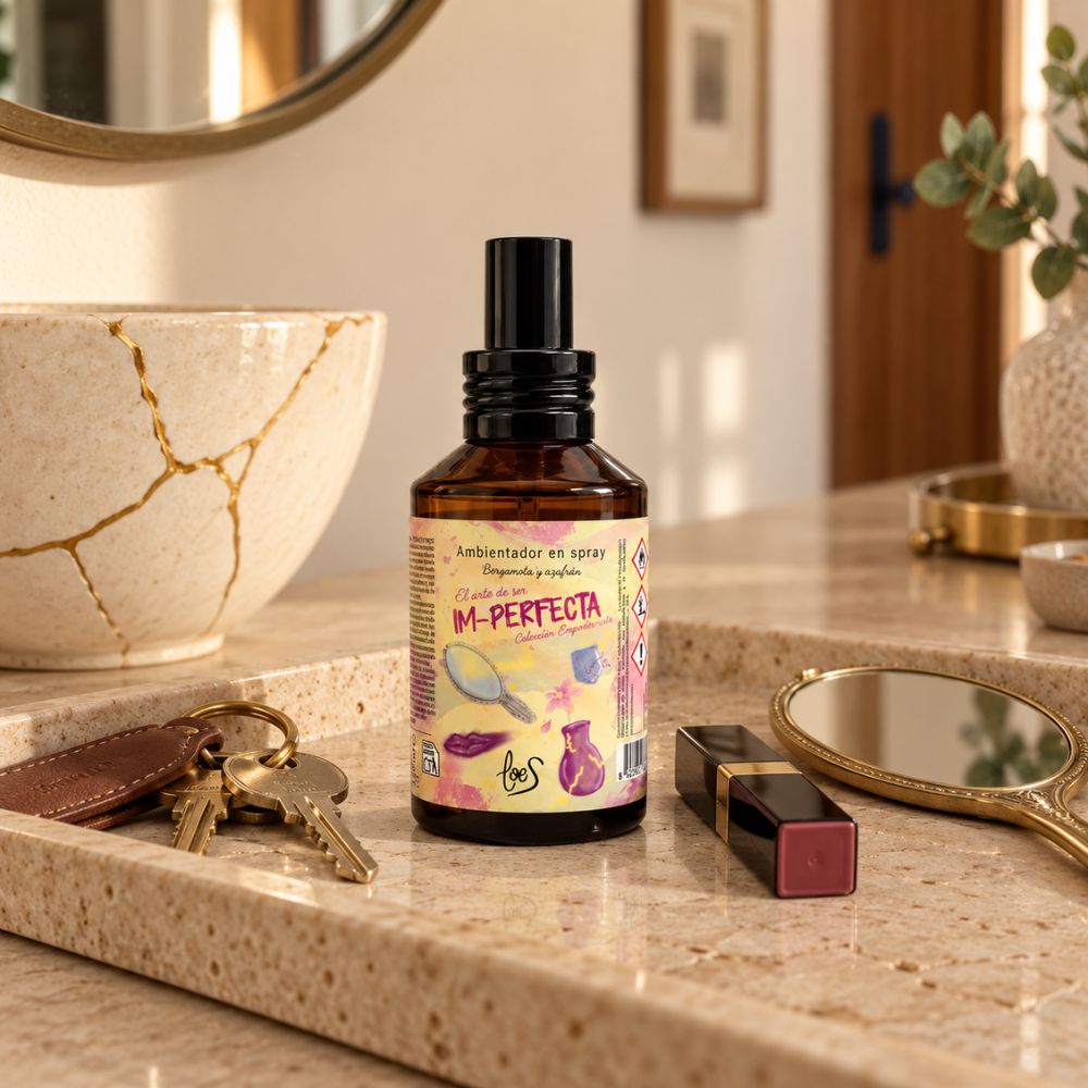 Ambientador en spray El arte de ser Im-Perfecta de LoeS sobre el recibidor, junto a un jarrón kintsugi de grietas doradas que simboliza aceptarse con imperfecciones – D'Arome