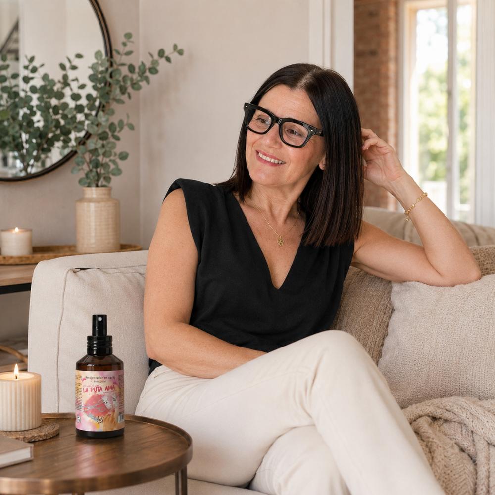 María Carmen, fundadora de D'Arome y especialista en aromas para el hogar, relajada en sofá con spray La Puta Ama LoeS violeta y musk en mesita