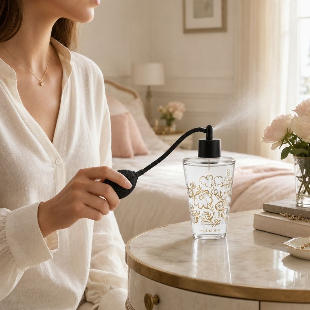 Aplicando el ambientador spray Trésor de Fleurs Marquise Mathilde M sobre mesita de dormitorio con peonías y libros de decoración – D'Arome