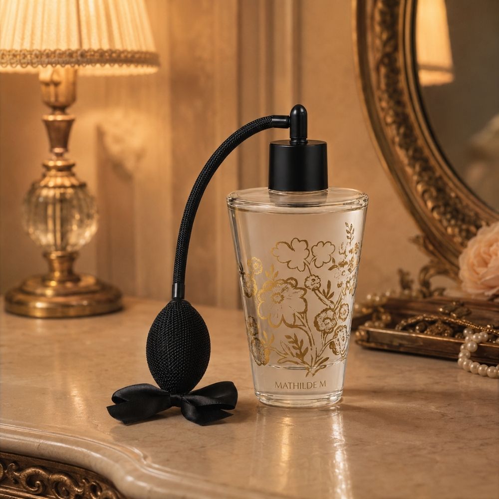 Ambientador spray con vaporizador de pera colección Trésor de Fleurs del aroma Marquise de Mathilde M con estampado floral dorado sobre tocador clásico con espejo y lámpara – D'Arome