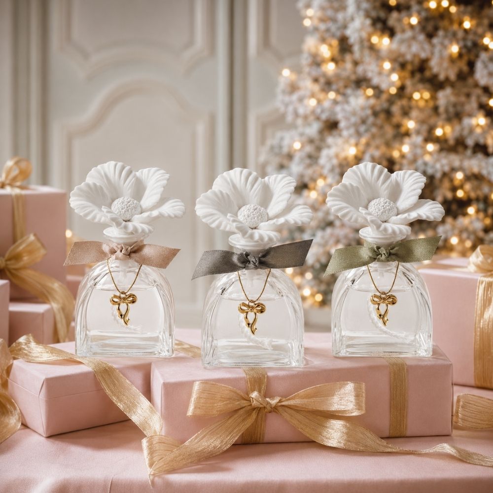 Los tres ambientadores mikados de la colección Rubans de Fête Mathilde M: Orange Cannelle, Sapin Doré y Musc Irisé – D'Arome