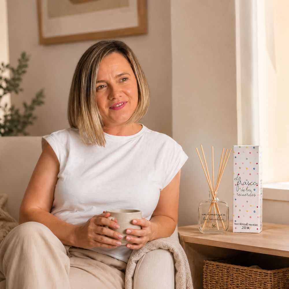 Ana Belén, del equipo de D'Arome, disfrutando de un momento de relax con una taza de té junto al envase mikado "Un homenaje a los recuerdos" 200ml de LoeS – D'Arome