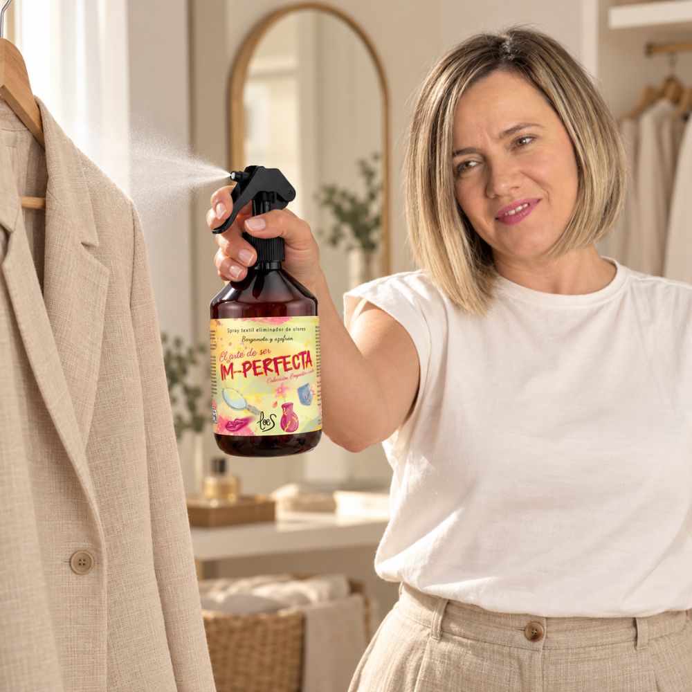 Ana Belén, fundadora de D'Arome, refrescando una americana de lino con el spray textil Im-Perfecta de LoeS en su vestidor – D'Arome