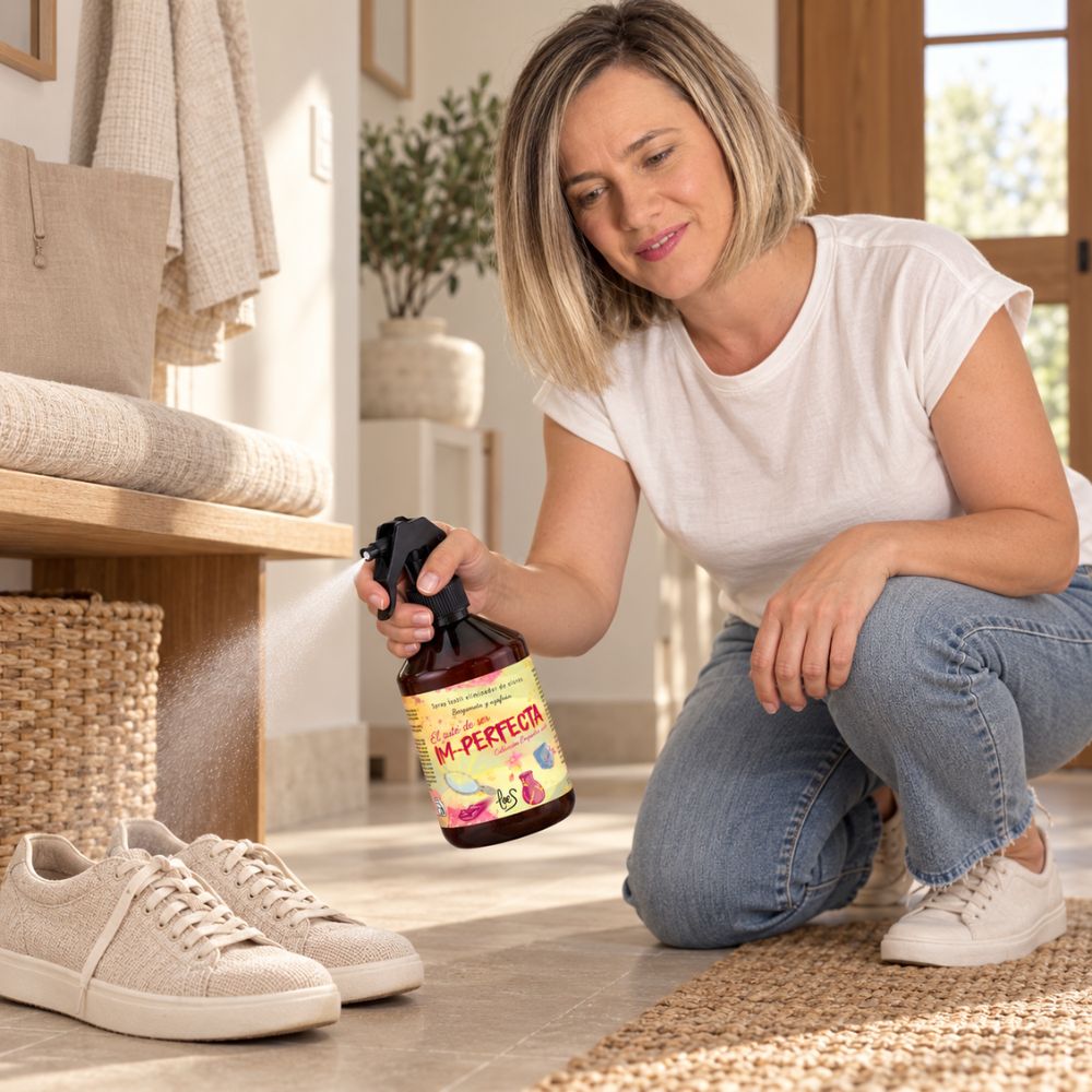 Ana Belén, fundadora de D'Arome, pulverizando el spray textil Im-Perfecta de LoeS sobre sus zapatillas en el recibidor de casa para eliminar el mal olor – D'Arome