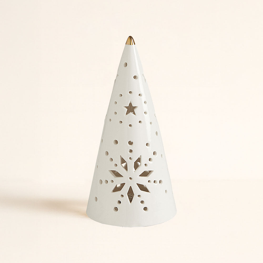 Árbol de Navidad decorativo de cerámica con luz LED y remate dorado, tamaño mediano, Mathilde M – D'Arome