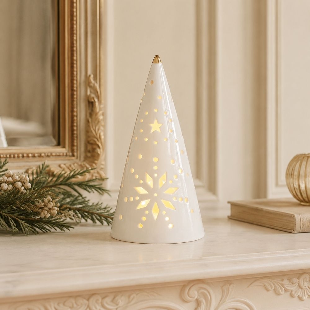 Detalle del árbol de Navidad decorativo con luz LED mediano Mathilde M con motivo de copo de nieve calado, iluminado sobre repisa blanca y espejo de fondo – D'Arome