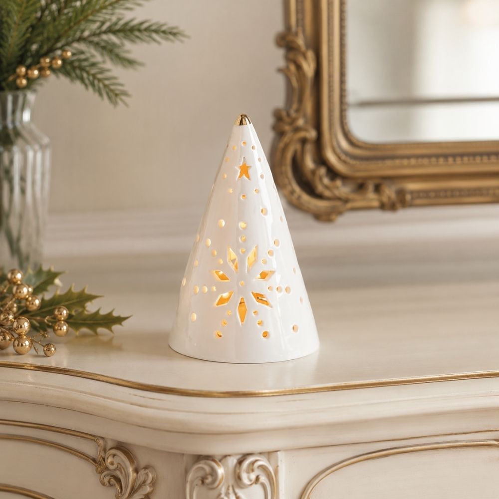 Árbol de Navidad decorativo de cerámica con luz LED pequeño Mathilde M junto a jarrón de cristal – D'Arome