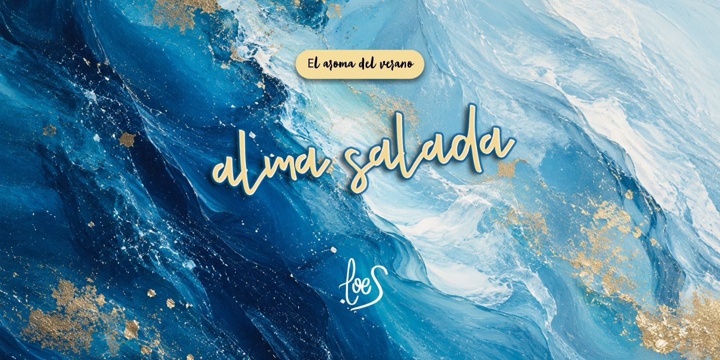 Banner del aroma Alma Salada de LoeS, ilustración artística en tonos azul marino y dorado que evoca las olas del mar, con el claim "El aroma del verano" – D'Arome