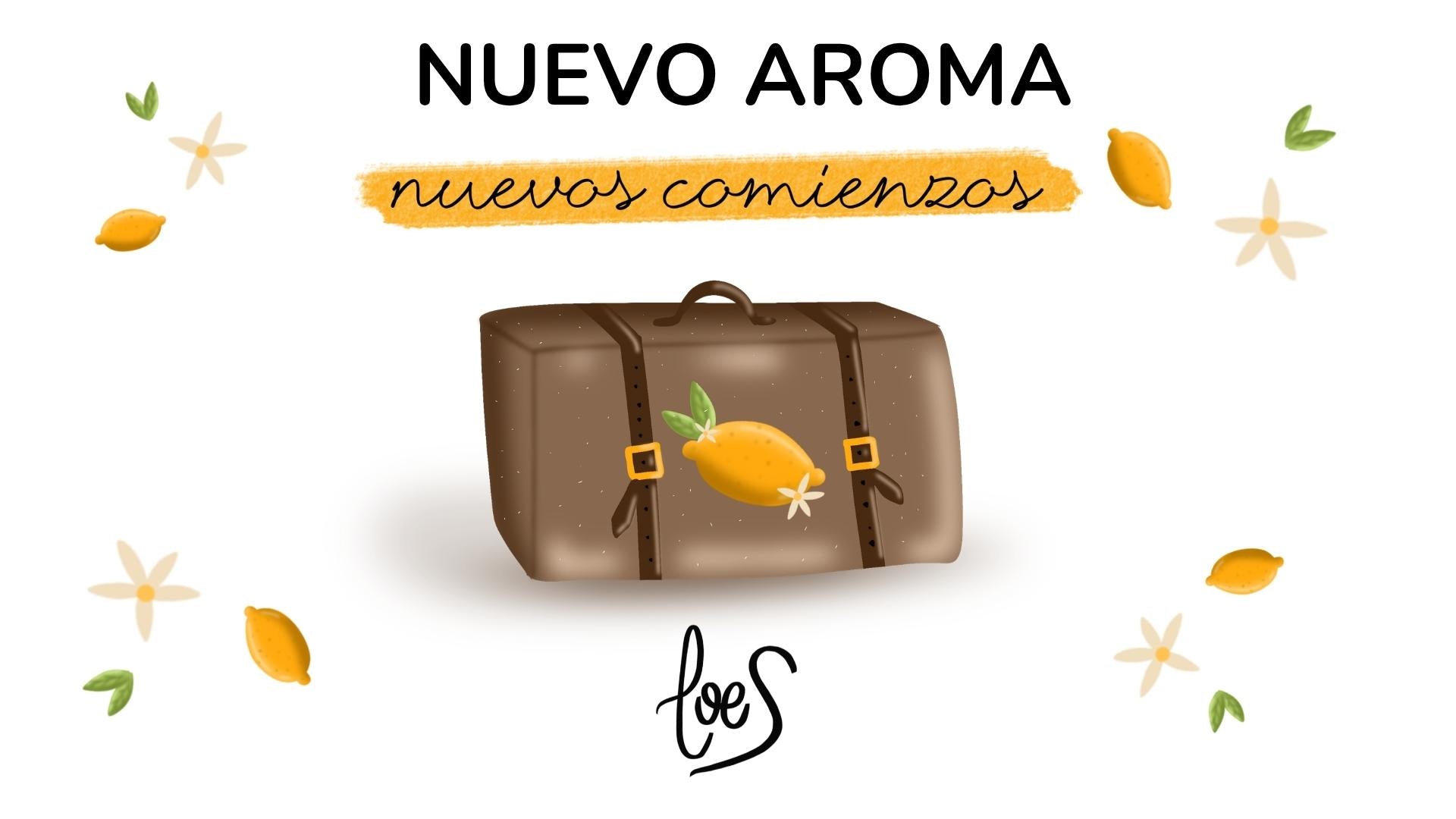 Banner ilustrado del nuevo aroma Nuevos Comienzos de LoeS con maleta vintage, limones y flores de azahar, colección Muy Pronto de aromas para el hogar – D'Arome