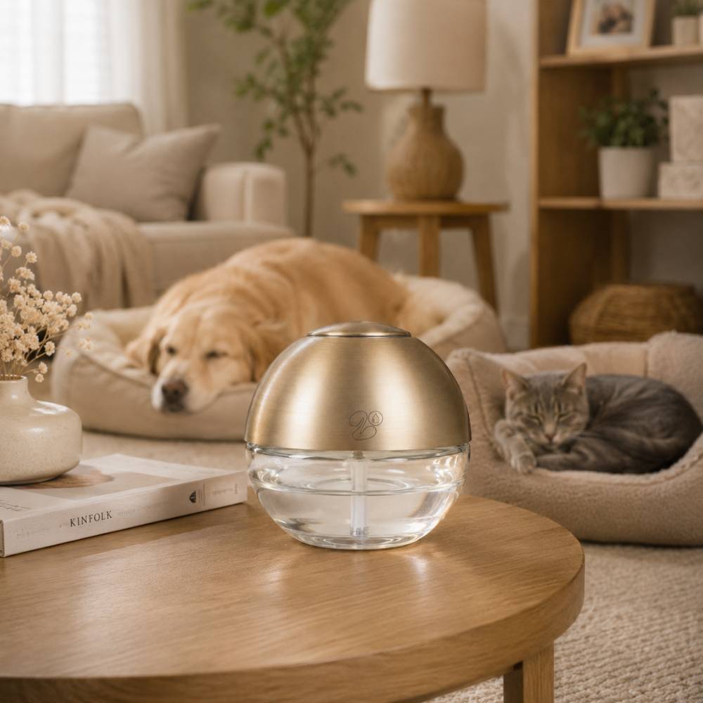 Bola de olor grande LoeS dorada en salón con perro y gato, neutralizador de olores de mascotas para el hogar, 600ml hasta 120m² – D'Arome