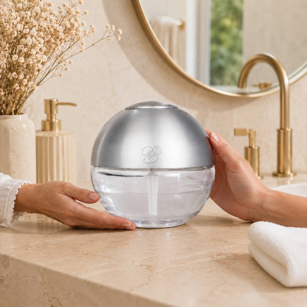 Bola de olor grande LoeS plateada en baño con encimera de mármol, neutralizador de olor a humedad y cañería, 600ml – D'Arome