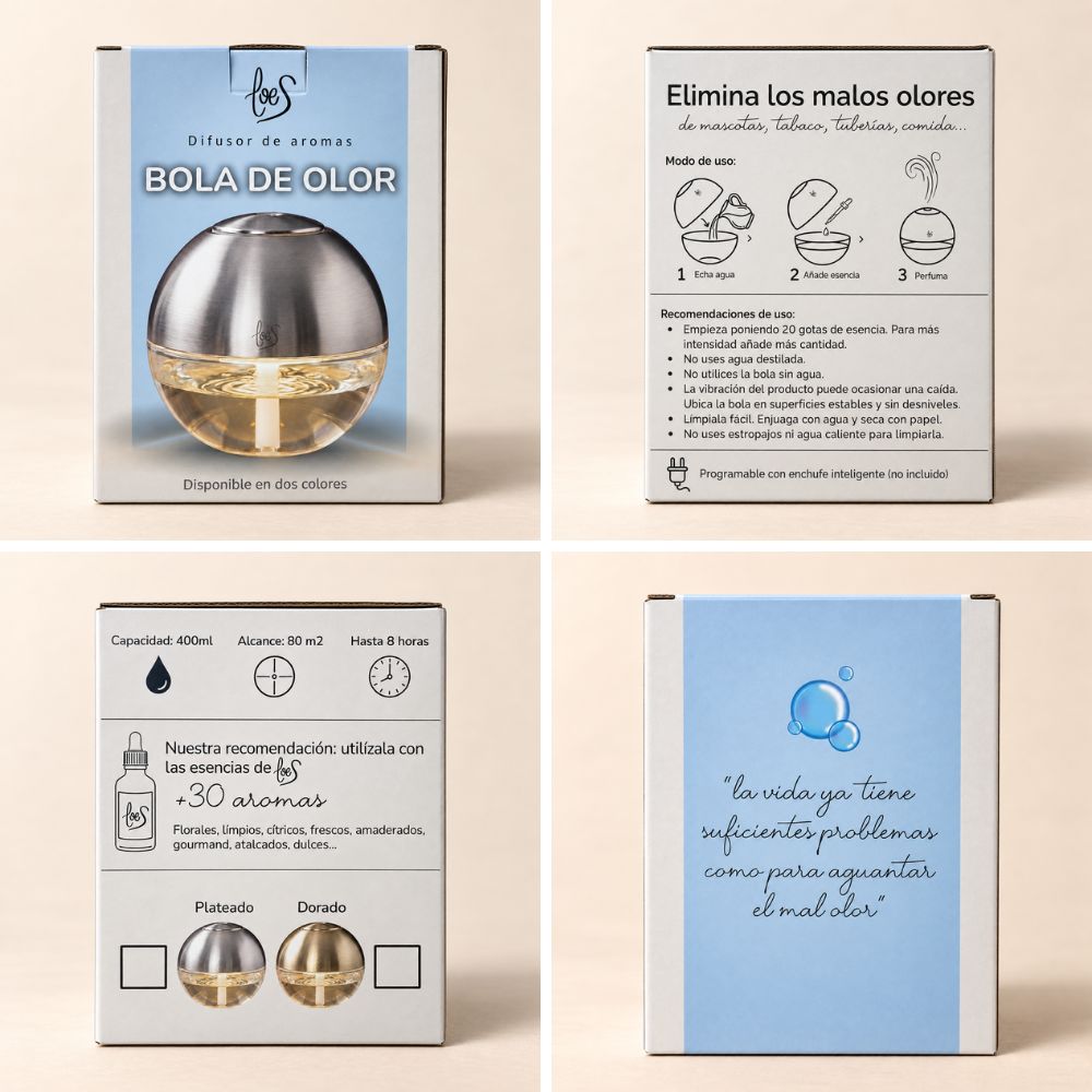 Packaging de la Bola de Olor LoeS con modo de uso, capacidad 400 ml, alcance 80 m² y colores plateado y dorado – D'Arome