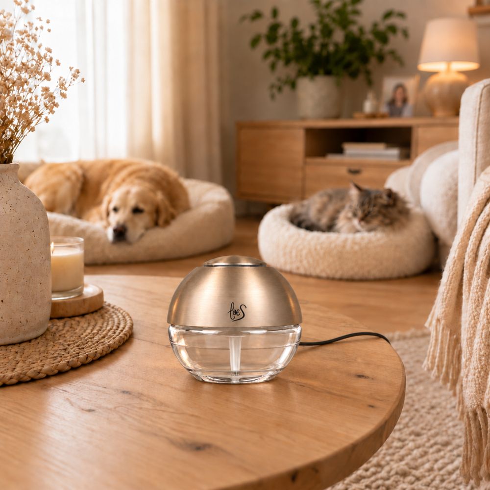 Bola de Olor dorada LoeS sobre mesa de salón junto a un perro y un gato, elimina el olor a mascotas del hogar – D'Arome