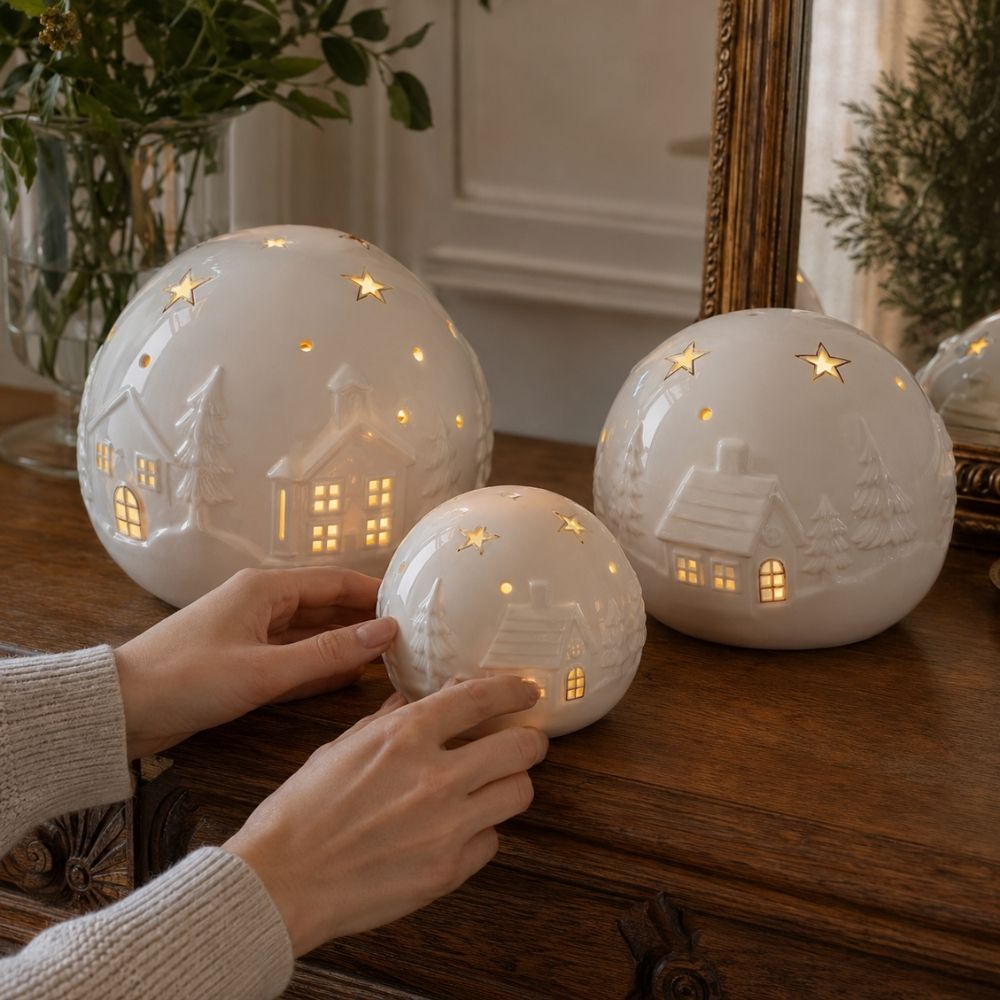 Persona sujetando la bola decorativa Pueblo Navideño LED pequeña de Mathilde M junto a las versiones grande y mediana – D'Arome