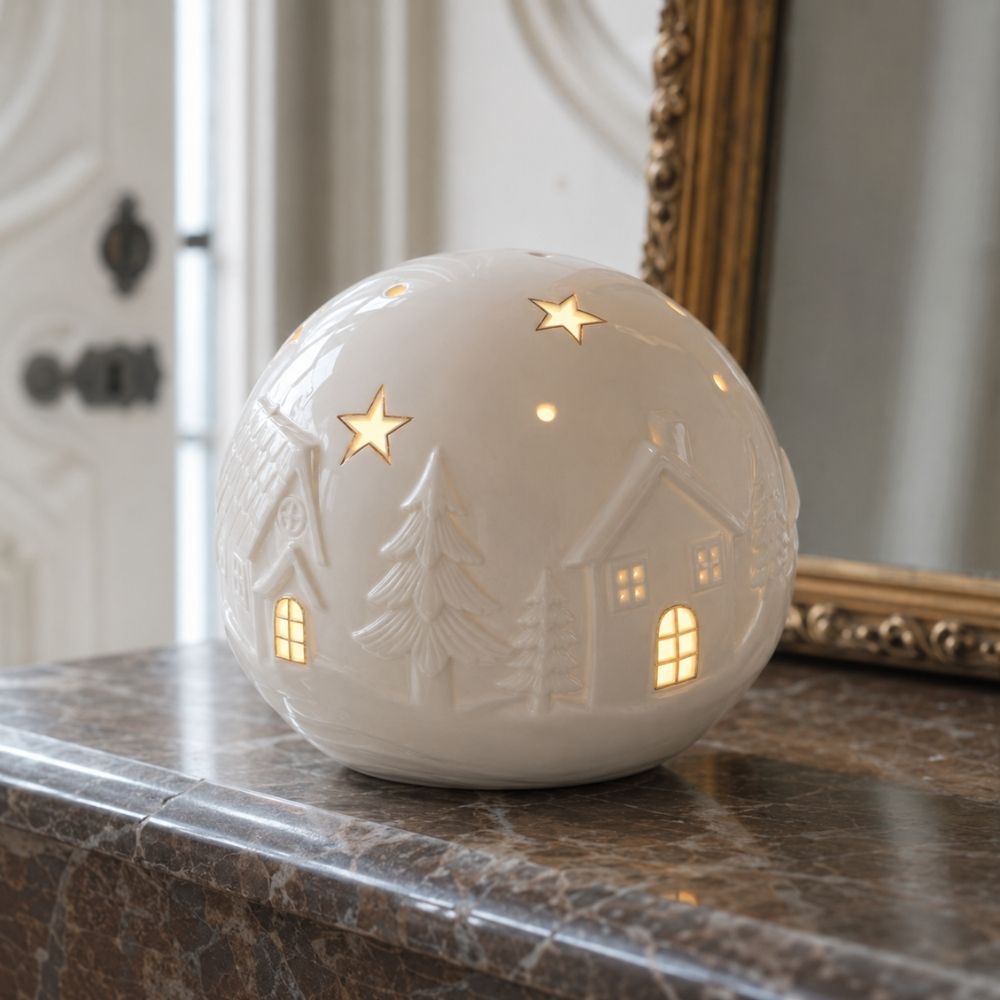 Detalle de la bola decorativa Pueblo Navideño LED grande de Mathilde M mostrando la casa iluminada y estrellas caladas – D'Arome