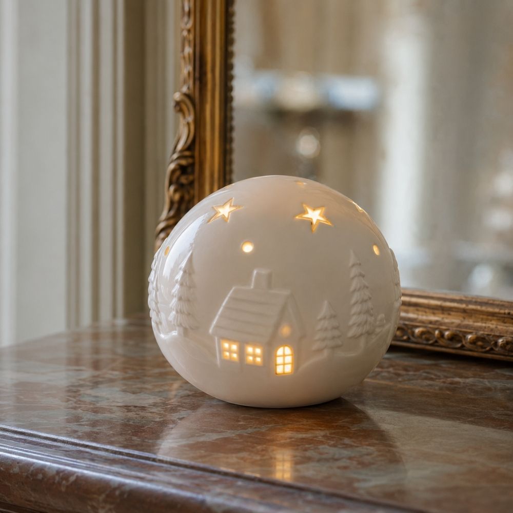 Bola decorativa Pueblo Navideño de cerámica LED mediana de Mathilde M iluminando un recibidor con espejo dorado – D'Arome