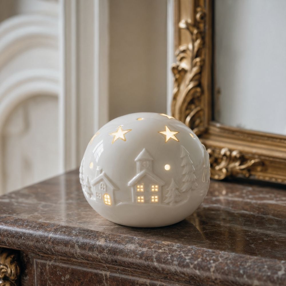Bola decorativa Pueblo Navideño de cerámica con luz LED de 9,3cm Mathilde M sobre repisa de mármol – D'Arome