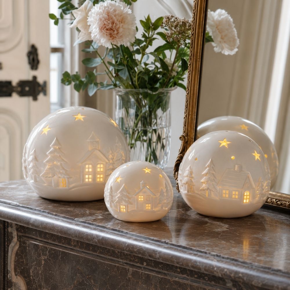 Comparativa de las tres bolas decorativas Pueblo Navideño con luz LED  encendida de Mathilde M: grande, mediana y pequeña – D'Arome