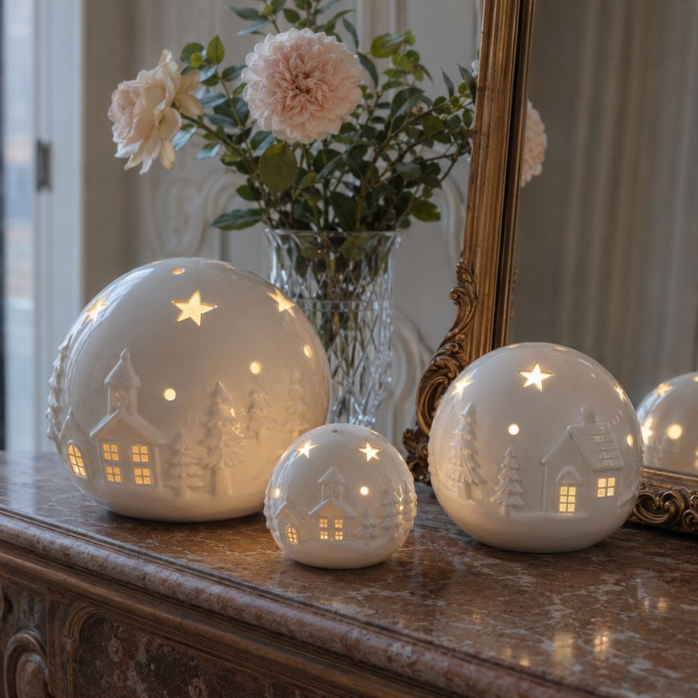 Composición de bolas decorativas con motivo de Pueblo Navideño con luz LED Mathilde M sobre cómoda de granito con jarrón de flores y espejo – D'Arome