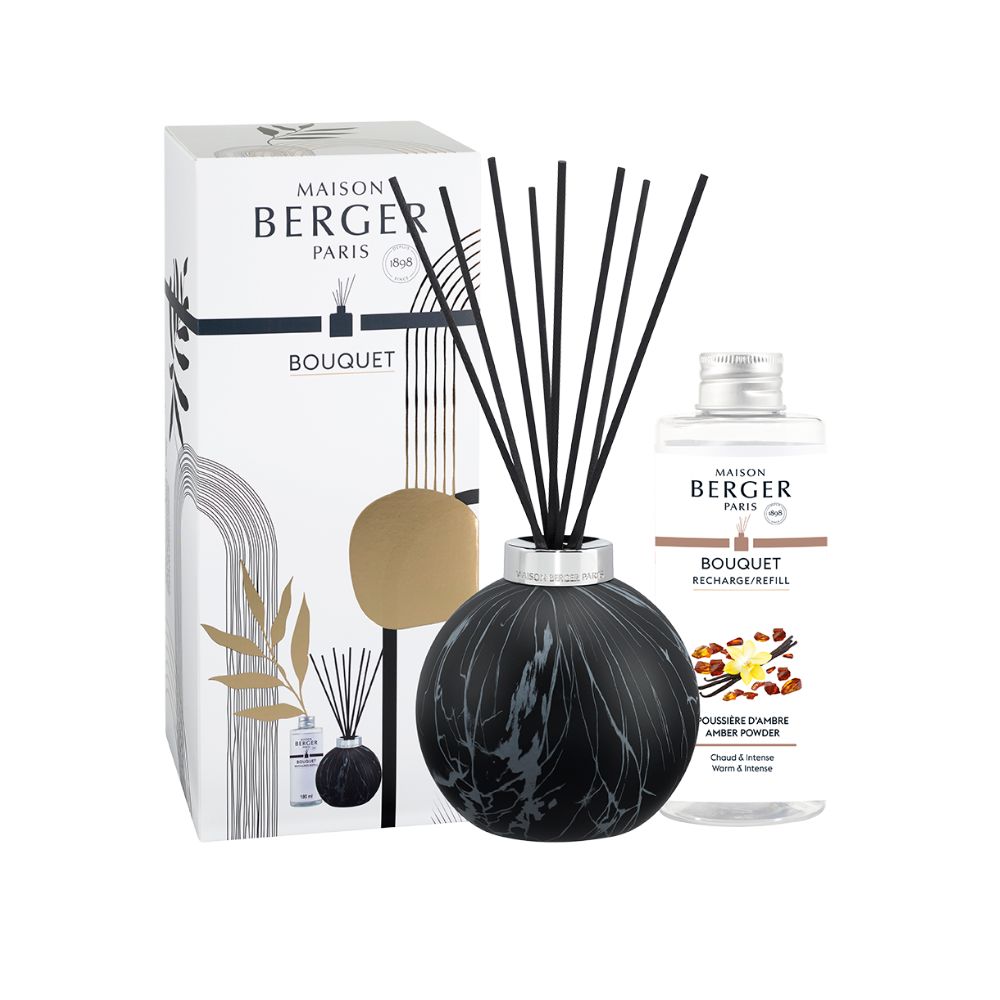 Ambientador mikado MARBRURES NEGRO – aroma Amber Powder 180ml  – Maison Berger