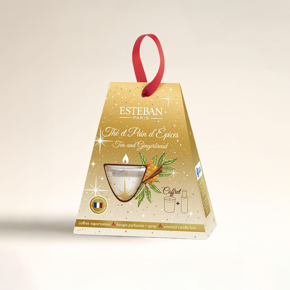 Caja Regalo Navidad Thé et Pain d Épices Esteban: Vela + Spray. Aroma de té, canela y jengibre. Un regalo gourmet, festivo, listo para sorprender.