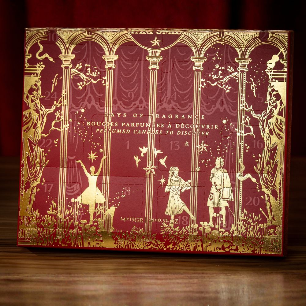 Detalle del calendario de adviento Durance 2026 con ilustración dorada de columnas, bailarina y músicos, colección Ópera de Aviñón, 24x15gr – D'Arome