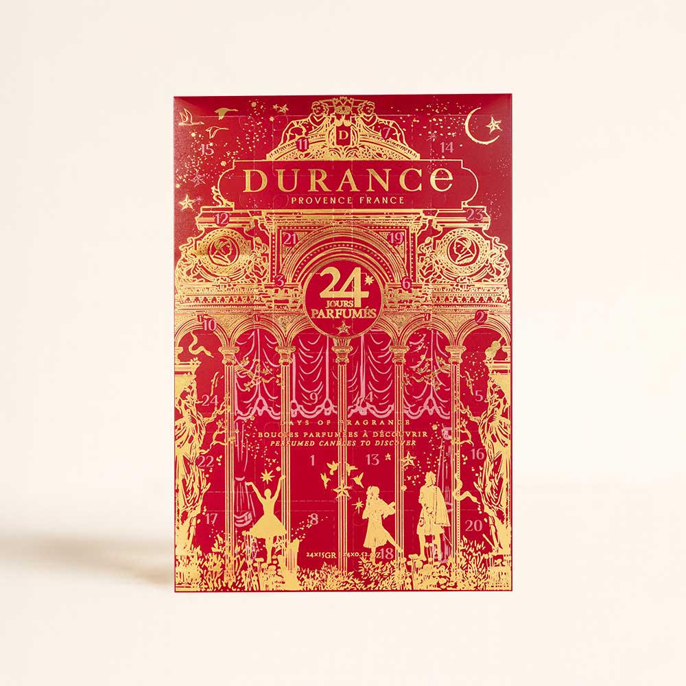 Calendario de adviento Durance de 24 aromas con diseño de teatro rojo y dorado, portada principal – D'Arome